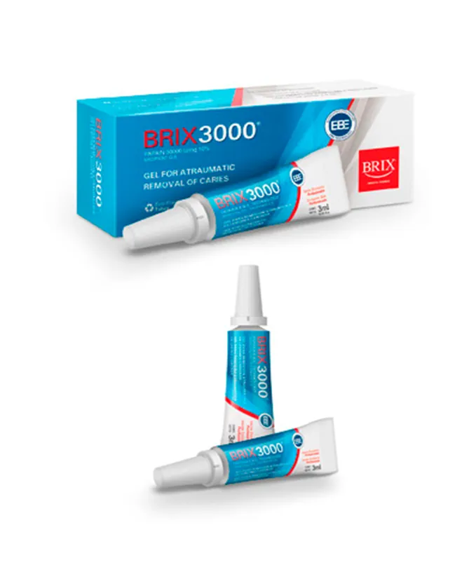 Caja y jeringas del gel enzimático Brix3000 para remoción de caries